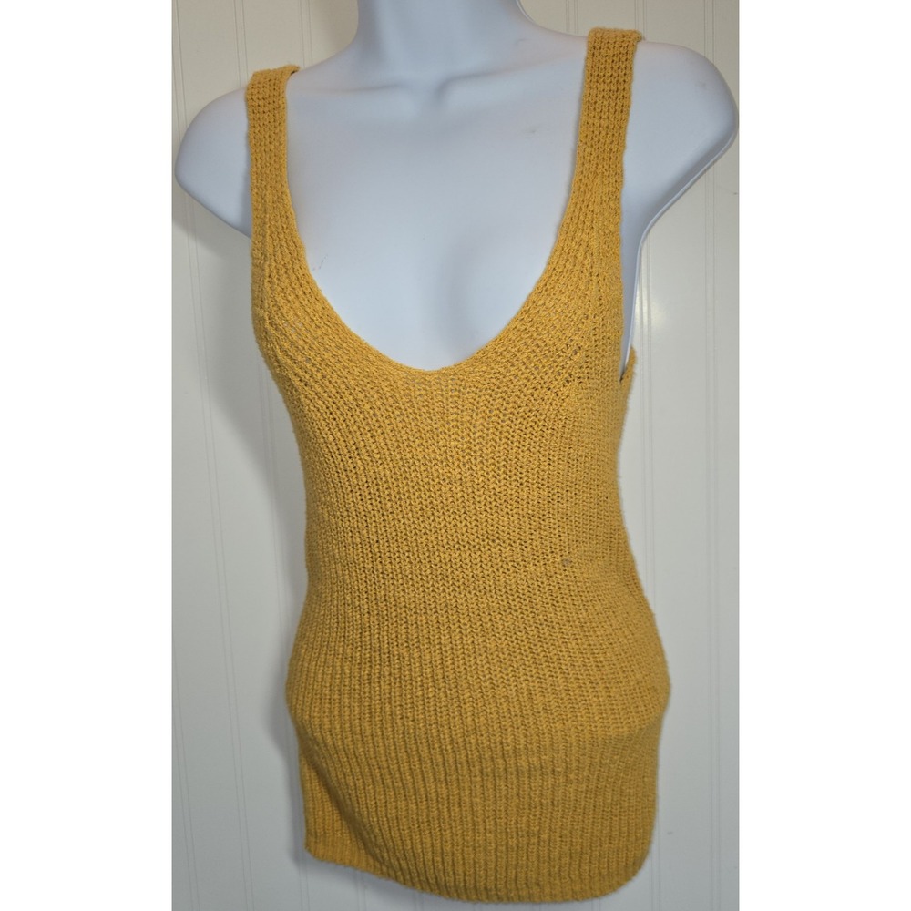 Madewell Crochet Knit Tank Top Womens XXS Mustard Yellow Y2K‎ Artsy Deep V Neck